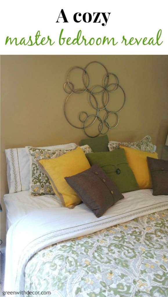Oh my gosh, what a cute master bedroom! I love all the throw pillows!| Green With Decor