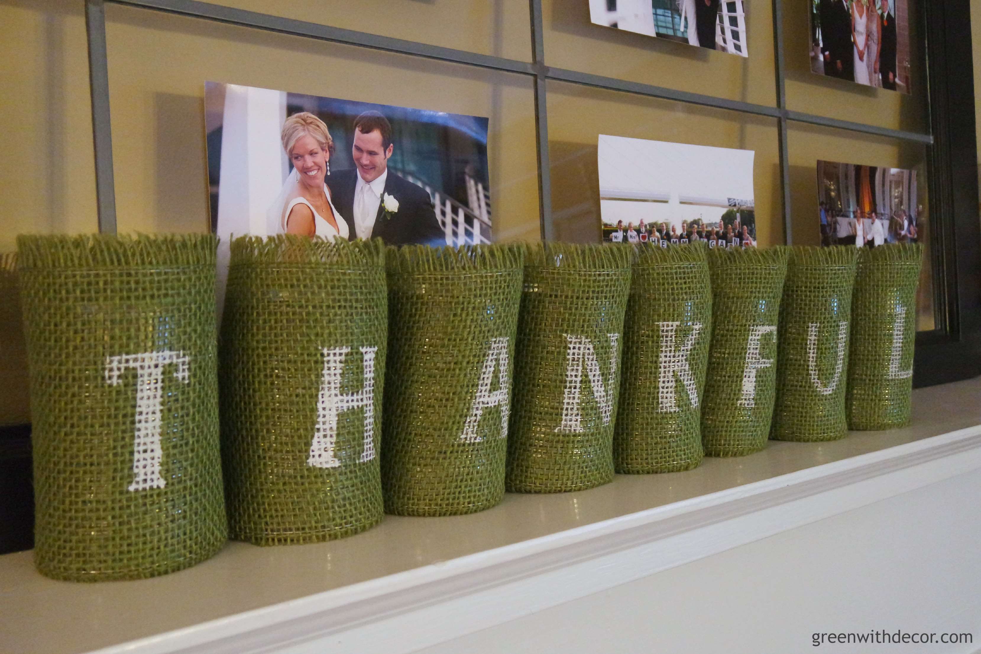 A Thanksgiving craft with those old soup cans. What a great idea! I love the green burlap, too. | Green With Decor