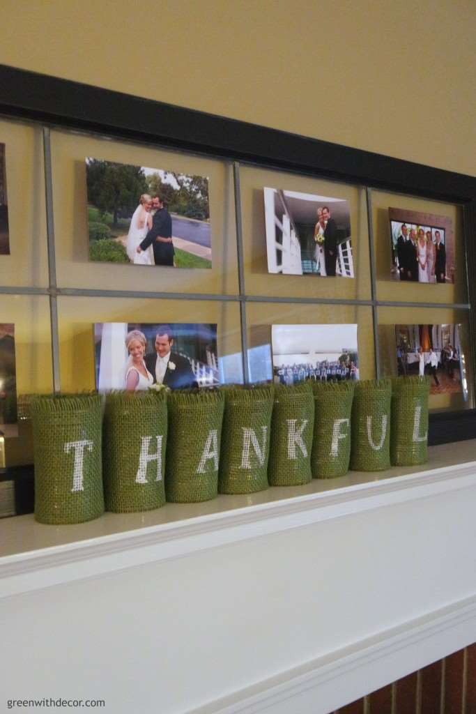 A Thanksgiving craft with those old soup cans. What a great idea! I love the green burlap, too. | Green With Decor