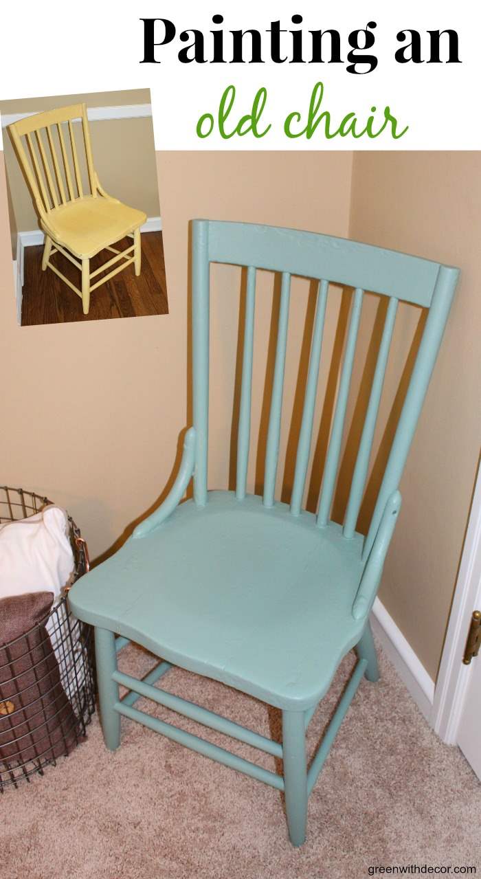 Painting an old chair to give it a completely new look with Pittsburgh Paints’ 2016 Color of the Year: Paradise Found. What a great, easy idea! | Green With Decor