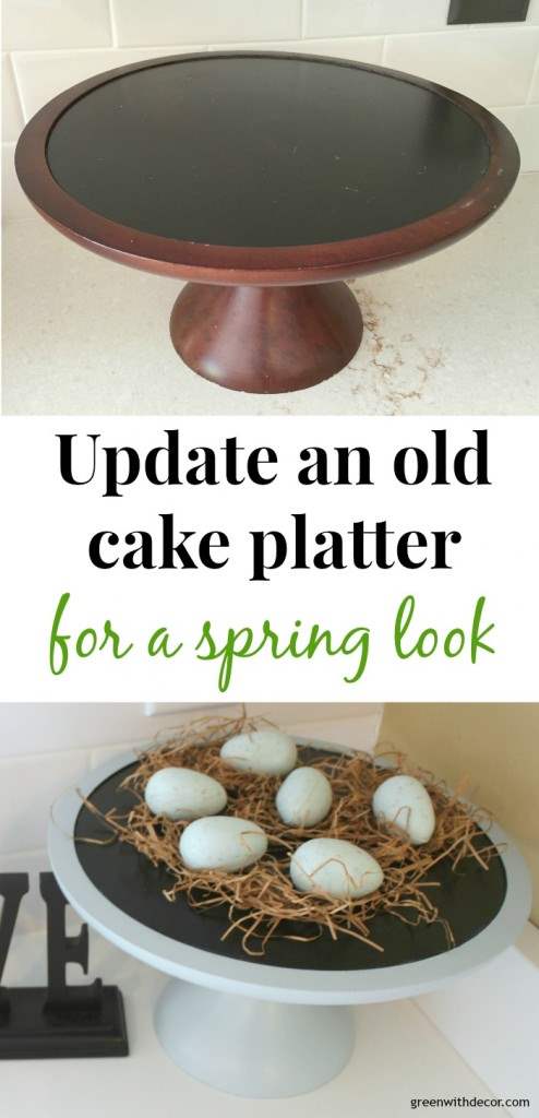 An easy way to makeover an old cake platter for a spring look. What a great idea, and I love the pretty blue color she used! | Green With Decor