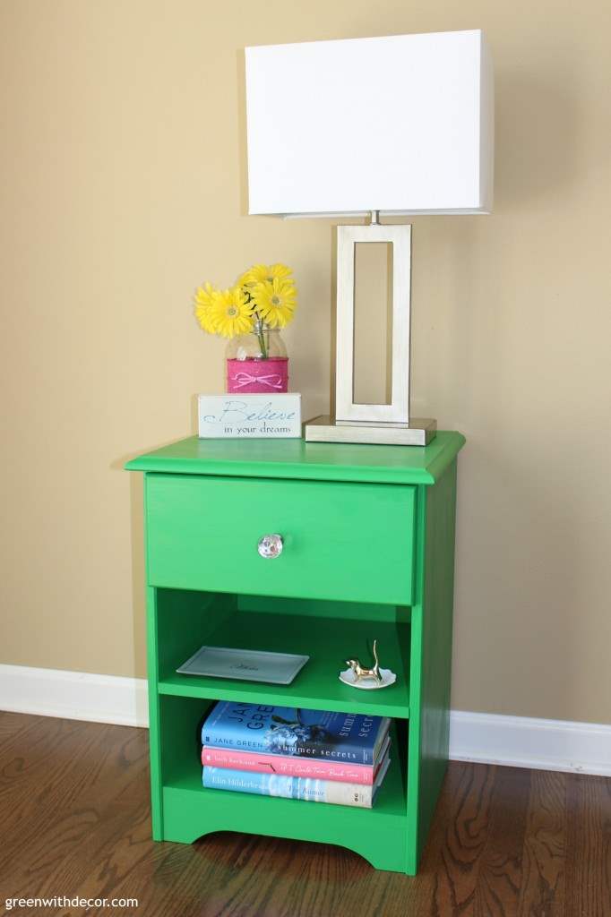 An enchanting nightstand makeover. The paint brand she used offers products for prep and finishing, too – this makeover sounds really easy, and I love the color (Enchanting by Velvet Finishes)!