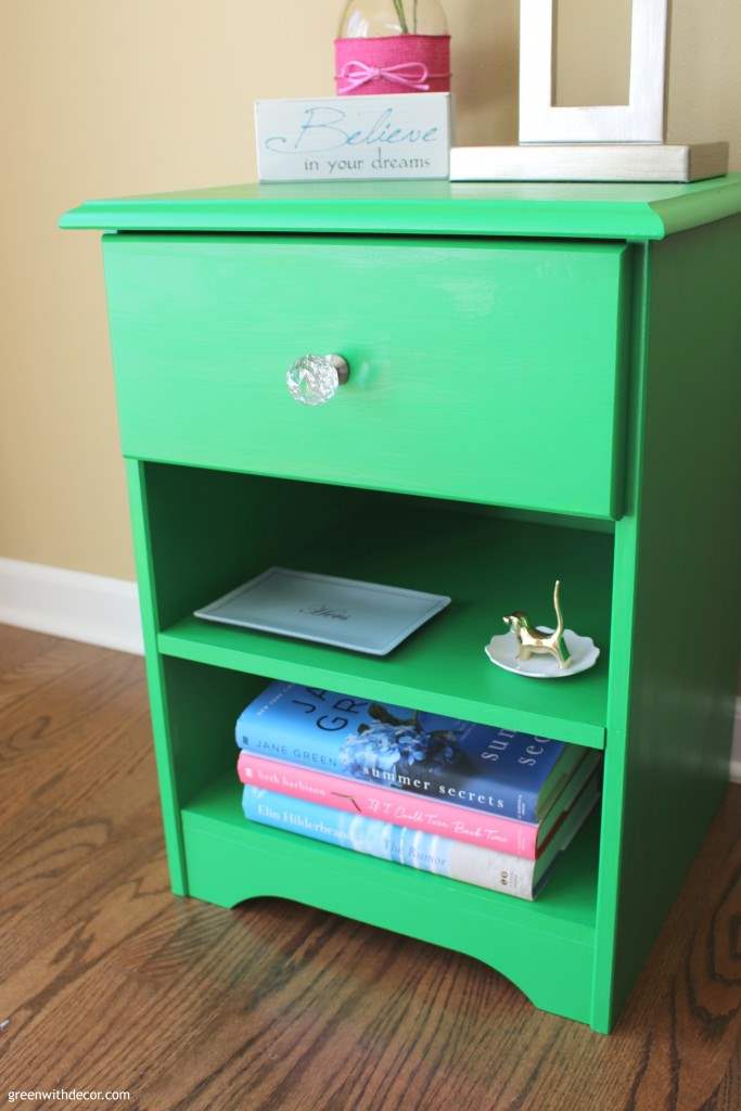 Bold green painted nightstand makeover with crystal drawer knob