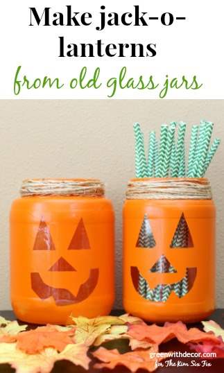 Make Halloween jack-o-lanterns from old glass jars. What a fun fall craft