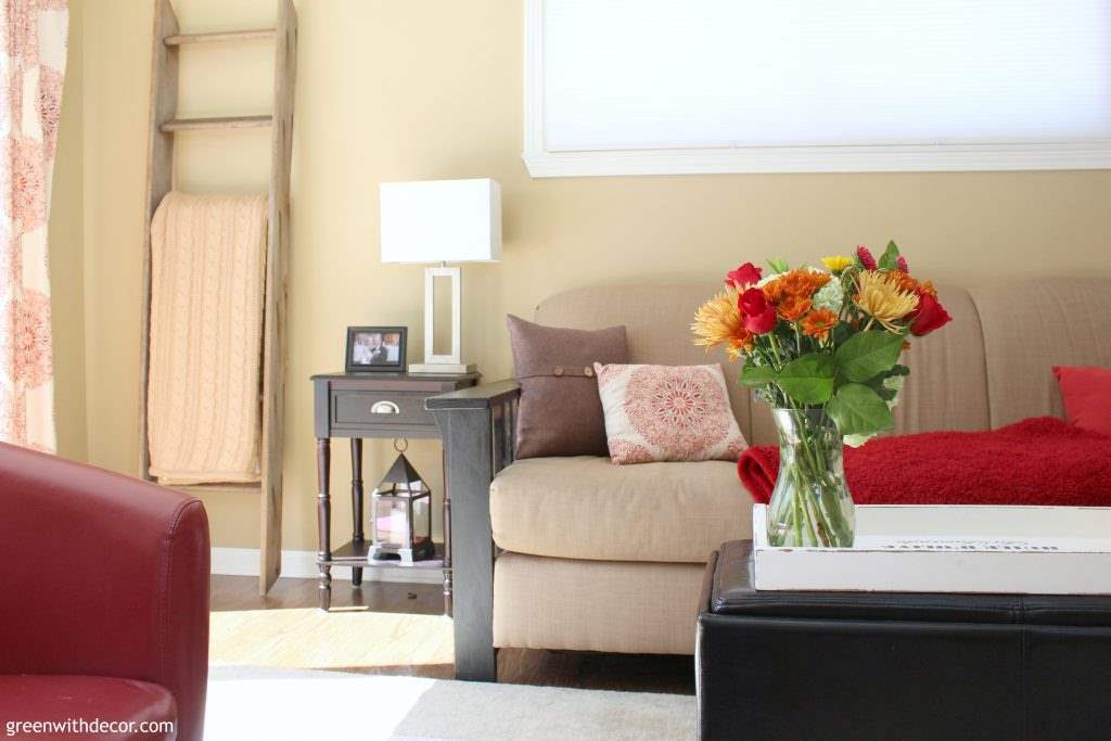 Camelback walls in a red and brown family room - such a great neutral paint color!