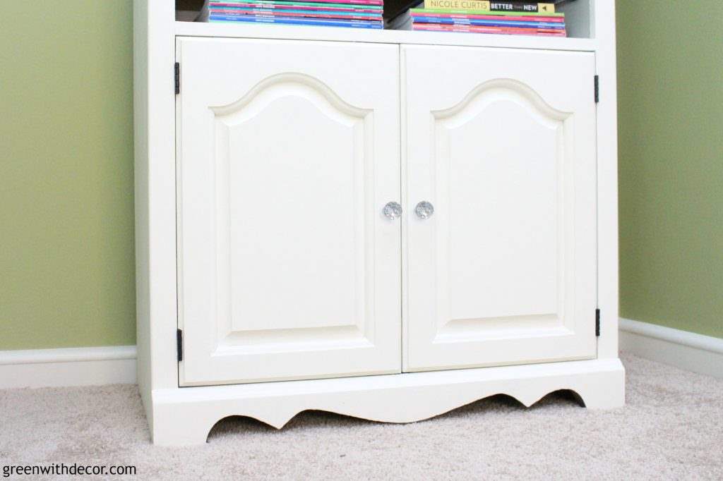 White painted bookshelf with crystal knobs 