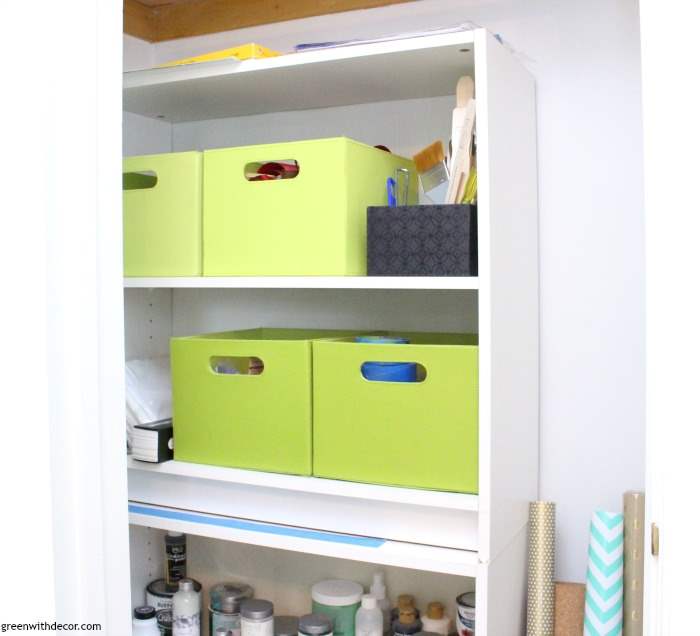 These lime green bins are perfect to organize your craft closet on a budget.
