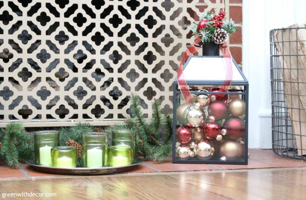 9 everyday pieces to use for Christmas decor. There are so many ways to use lanterns throughout the year, filling them with ornaments is easy and cheap. Love the ribbon around the top, too.
