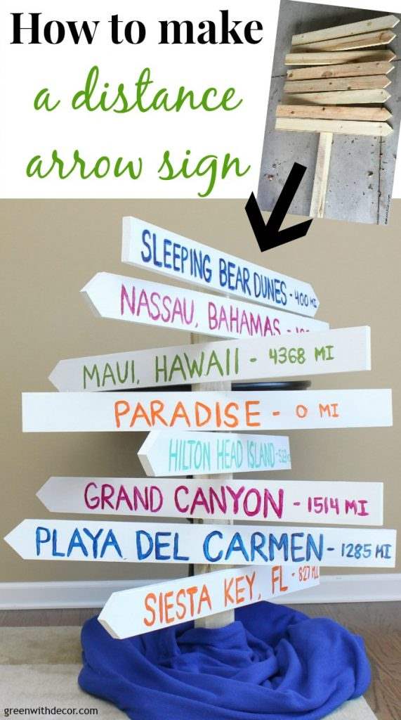 How to make a distance arrow sign so you can remember all of your fabulous vacations. A fun DIY project with a saw and some paint!