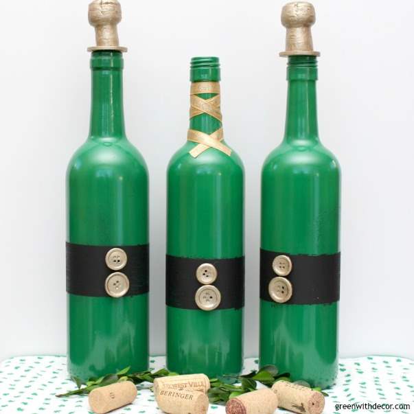 A St. Patrick’s Day DIY project with old wine bottles. craft | diy | wine bottles | corks | buttons | green and gold | ribbon | what a cute idea! 