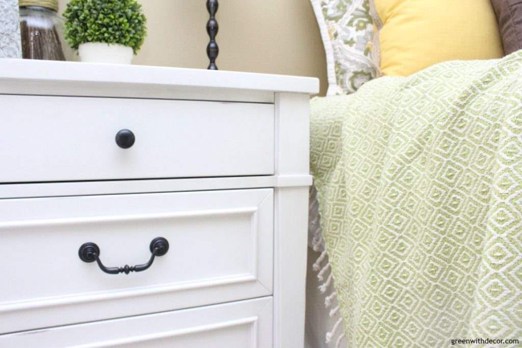 Tips for picking pretty new nightstands and tips for keeping the nightstand organized. Love the design tips about open legs on the furniture and her tips for organizing the nightstands without cramming them full of stuff you never use! Plus I love this bed with all the throw pillows!