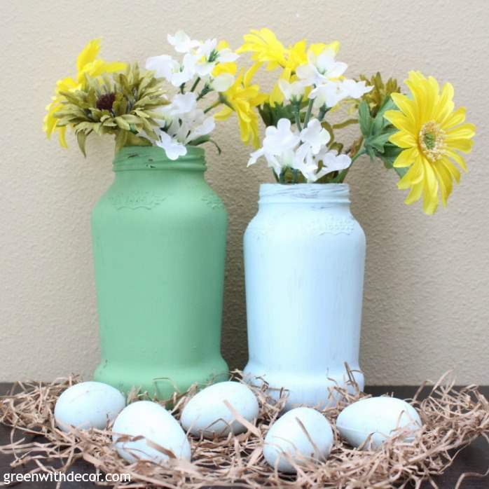 A spring vase idea from old spaghetti jars | diy spring | easter |diy | paint | eater centerpiece or mantel idea | spring centerpiece or mantel idea