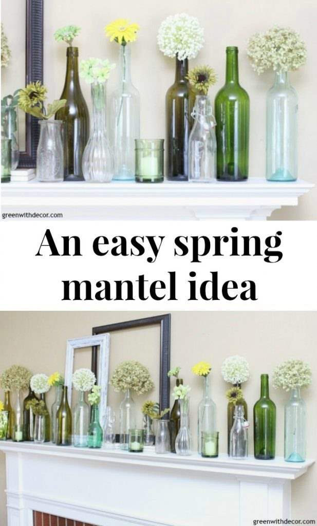 An easy spring mantel decorating idea with old glass bottles and wine glasses. This is so pretty and would be easy to put together!