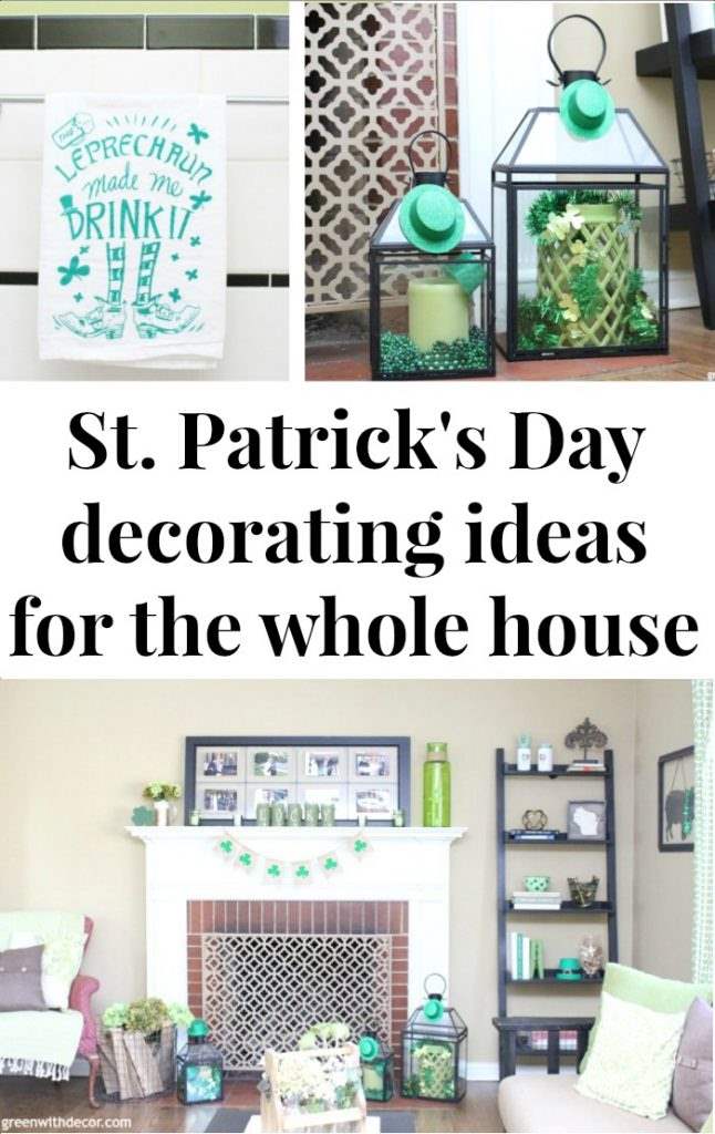 St. Patrick's Day decorating ideas for the living room, foyer and bathroom - love all the green touches she has! Plus a cute St. Patrick's Day DIY projects!