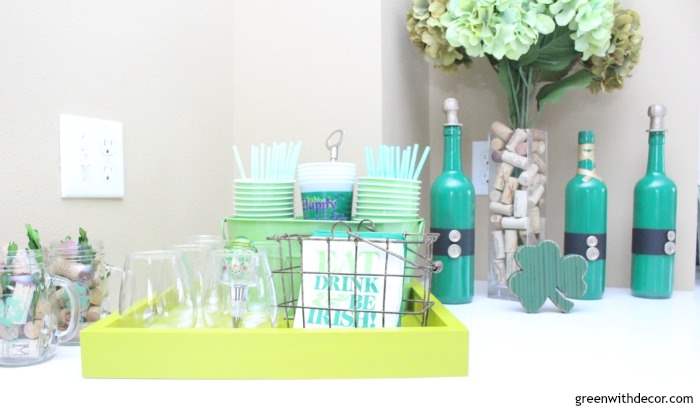 A variety of St. Patrick's Day decorations displayed on a counter.