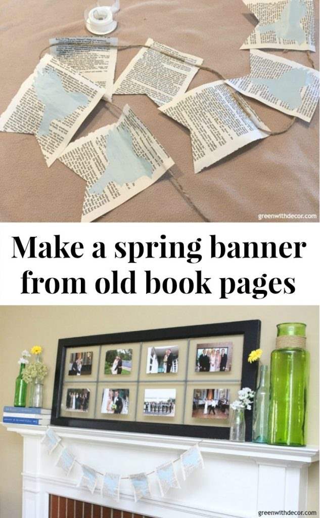 Update your spring mantel with an easy book page craft | spring DIY | spring mantel decorating ideas |easy Easter mantel | Easter DIY | use blue paint | simple spring craft project | simple Easter craft