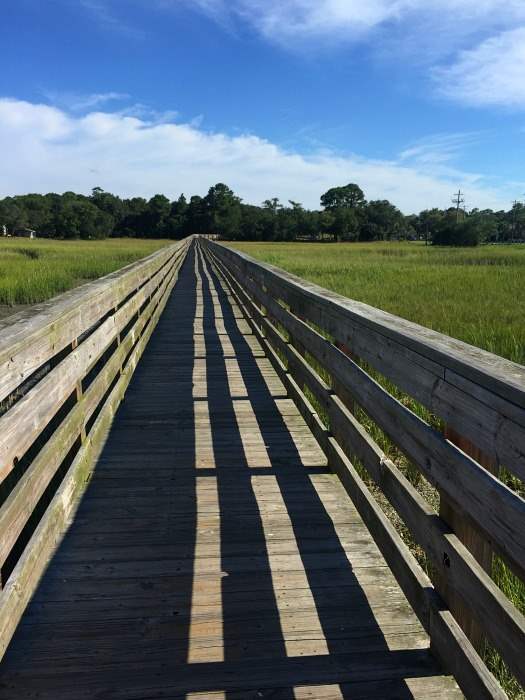 A view of a wooden walk way with bright blue skies in Folly Beach