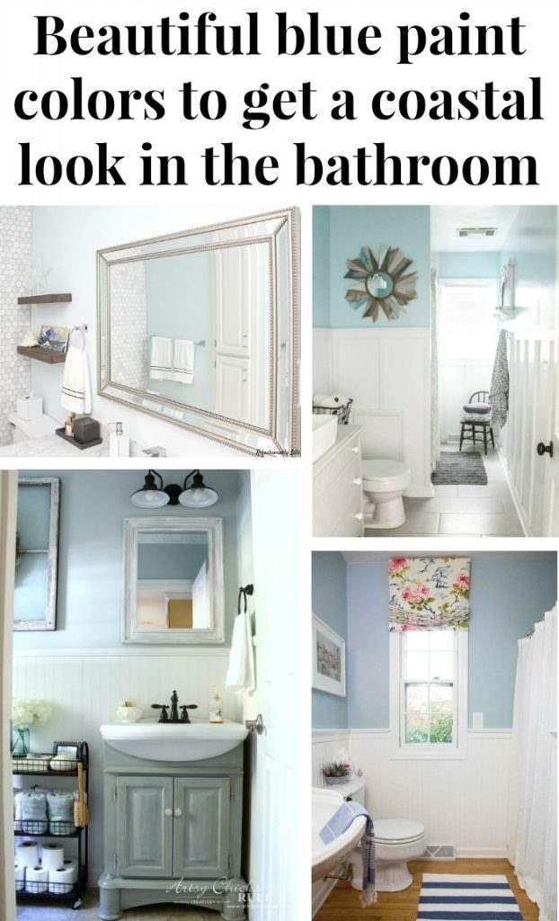 Collage of coastal blue paint colors for bathrooms with text overlay, “Beautiful blue paint colors to get a coastal look”