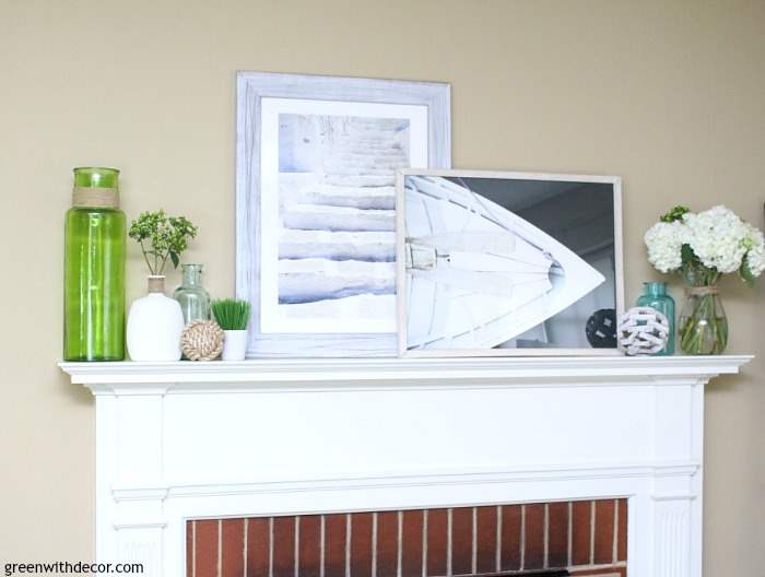 5 pieces to use for a beachy summer mantel | What to use for a summer mantel | Love the beachy picture frames with the colored glass vases and rope sphere | summer decorating ideas for the mantel | coastal summer decor | mantel decorating ideas