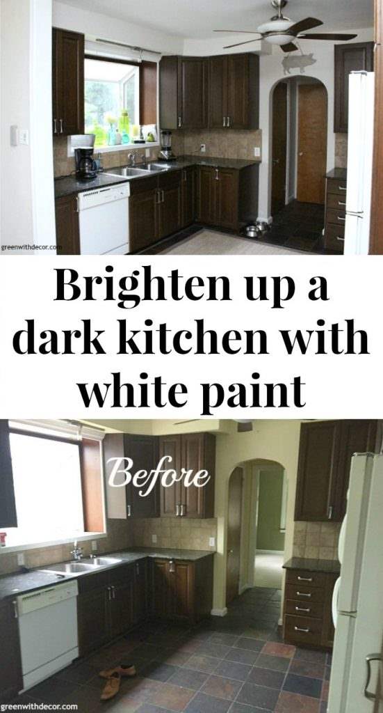 The painted kitchen: Aesthetic White, a great off-white paint color to brighten up a dark kitchen! Love how it looks against the granite counters. 