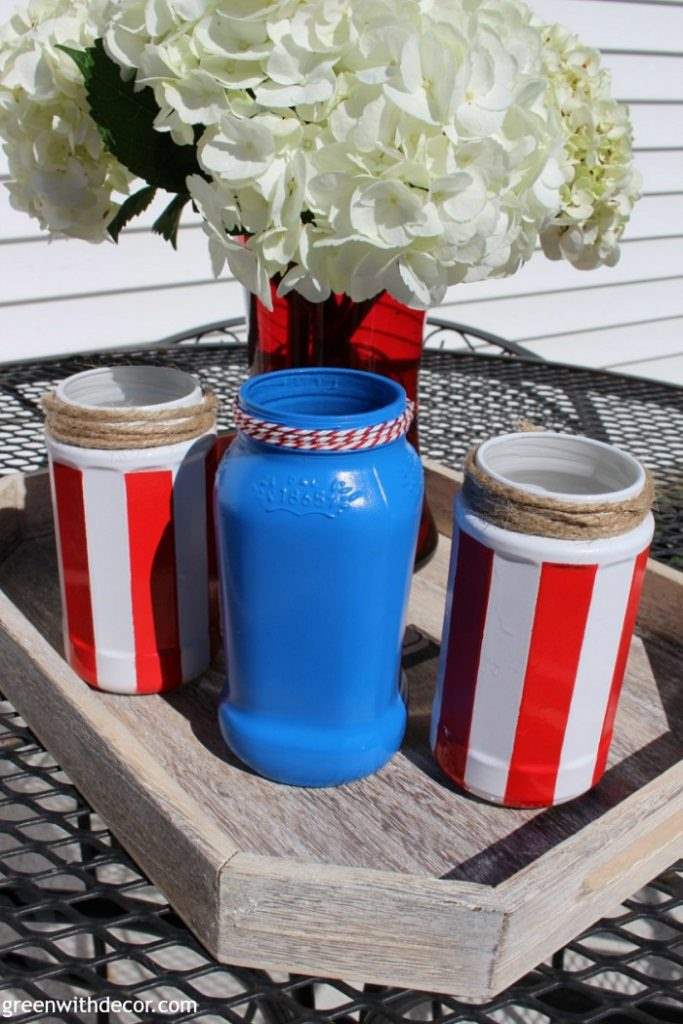 Make these easy Fourth of July DIY silverware jars from old jalapaeno and spaghetti sauce jars. What a great idea for corralling silverware a summer picnic! 