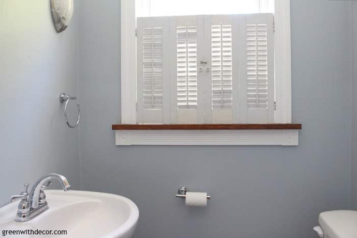 Krypton blue painted bathroom. Love this color! It's the perfect blue paint color with just a hint of gray. Beautiful with white woodwork.