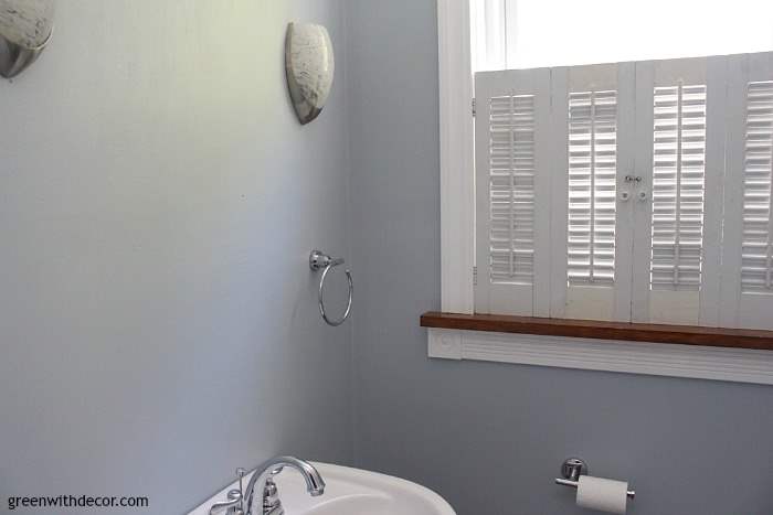 Krypton blue painted bathroom. Love this color! It's the perfect blue paint color with just a hint of gray. Beautiful with white woodwork.