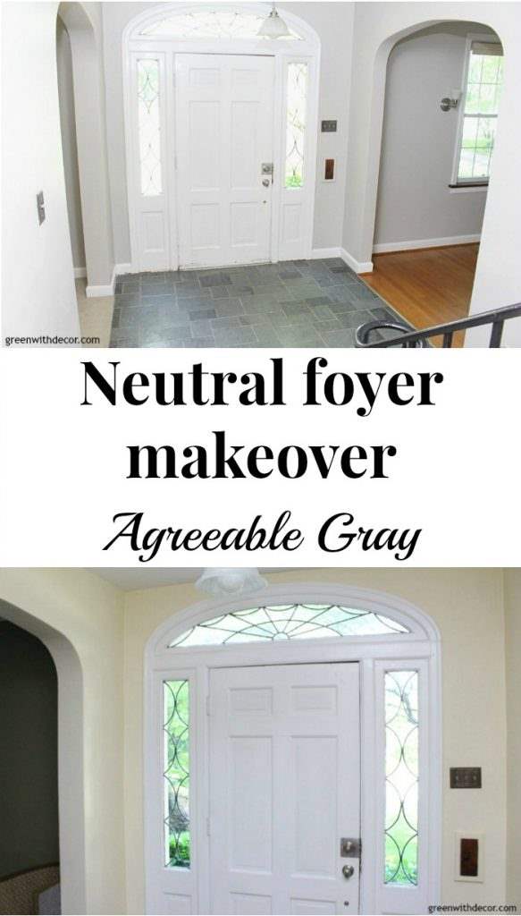 Gorgeous shade of gray: Agreeable Gray by Sherwin Williams. This foyer has so much old charm, the gray paint brightens it right up! 