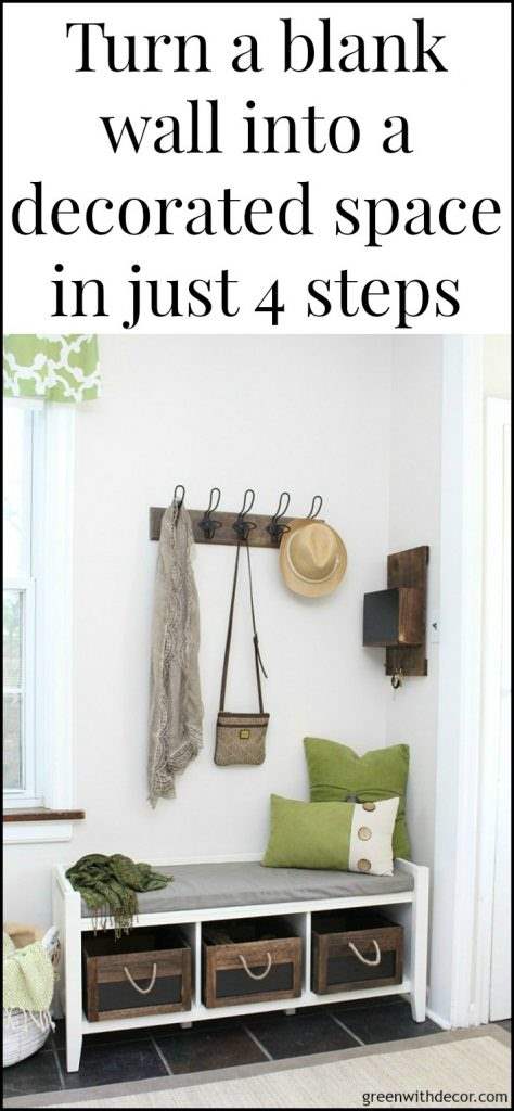 How to design a small back foyer, 4 great elements to think about when designing any room in the house. Love how she turned this blank wall into a mudroom/back entryway. Great storage ideas for shoes, coats, purses, the dog leash and keys. Fun rustic, coastal look. Pretty white paint color on the walls, too. 