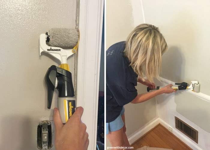 A woman painting a room using the Wagner tool for edges