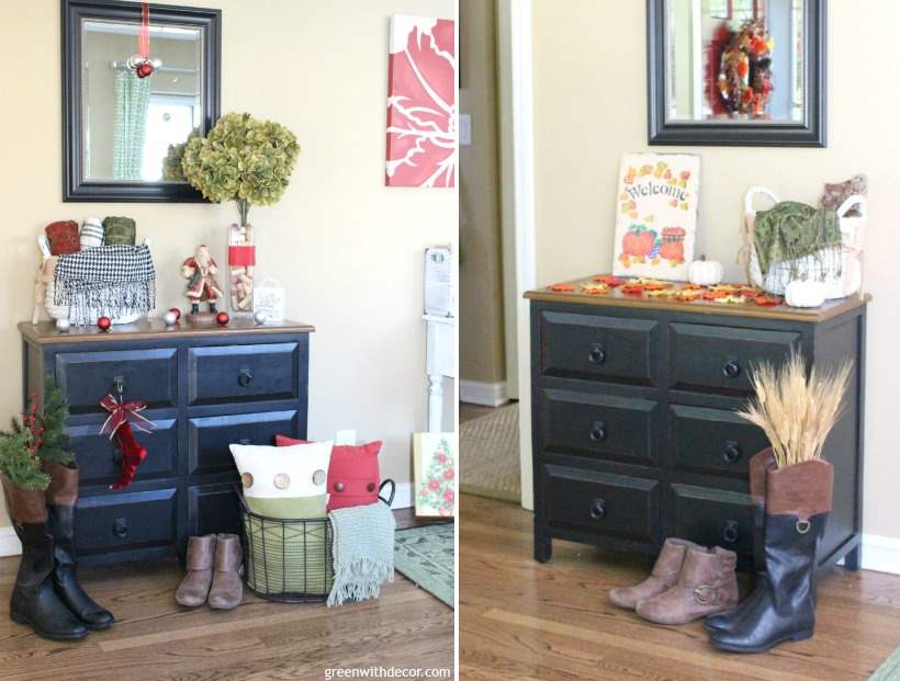 A simple black dresser styled for two different season in the foyer of a home.