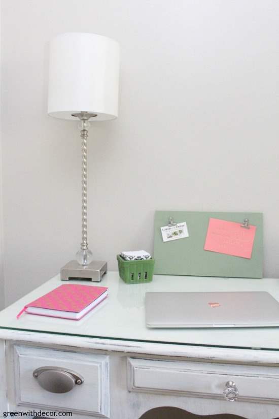 A DIY clipboard for the home office. An easy project with a small piece of wood and hinge clips. This green chalky paint is pretty!