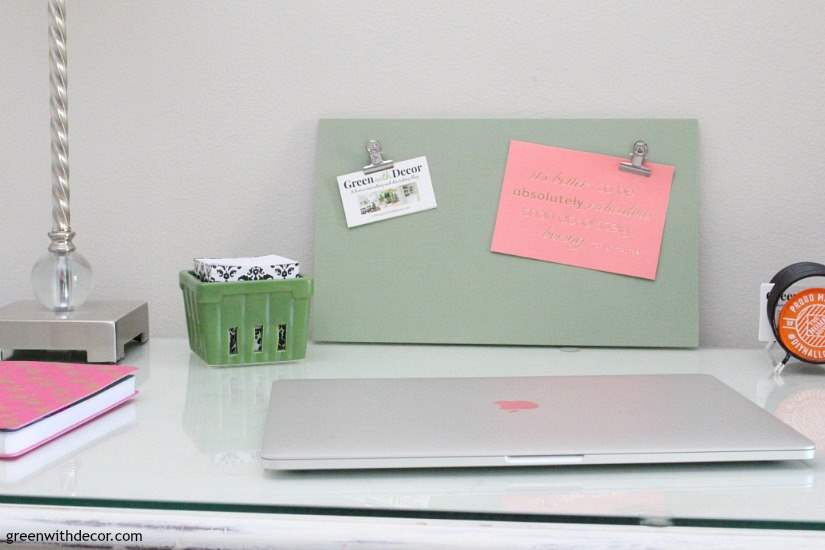 A DIY clipboard for the home office. An easy project with a small piece of wood and hinge clips. This green chalky paint is so pretty!