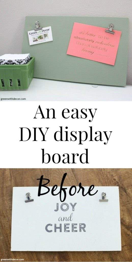 A DIY display board for the home office. An easy project with a small piece of wood and a couple hinge clips. What a cute way to dress up a desk!