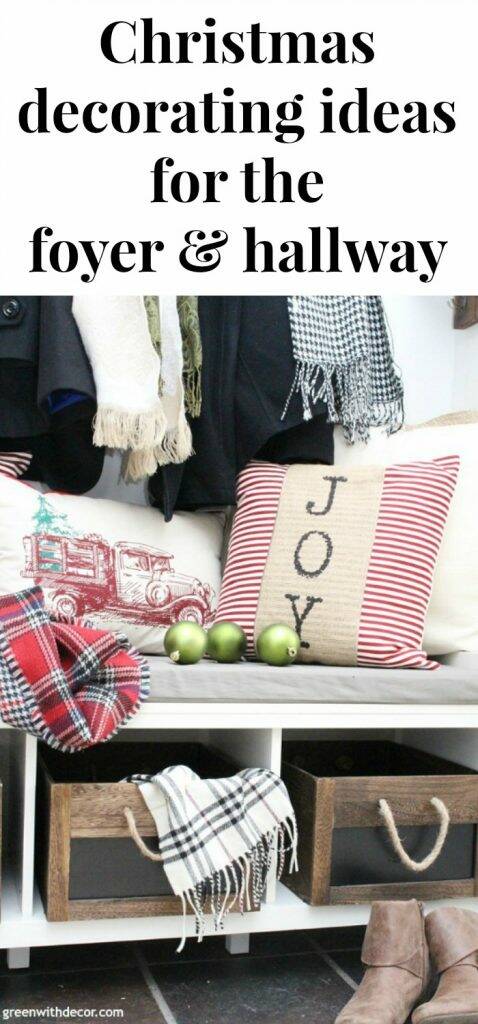 Christmas decorating ideas for the foyer and hallway. Love those gorgeous rustic wood rope crates with the pretty Christmas throw pillows and scarves!