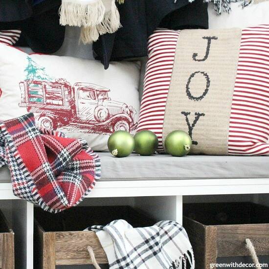 Christmas decorating ideas for the foyer. Love those wood rope crates!