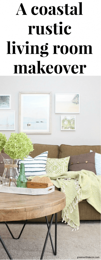 The costal rustic living room reveal - gorgeous beachy coastal living room with budget-friendly decorating and DIY projects. Love that coastal gallery wall, all of the furniture makeovers and the clever wood crate shelves! Such great ideas for decorating a living room.