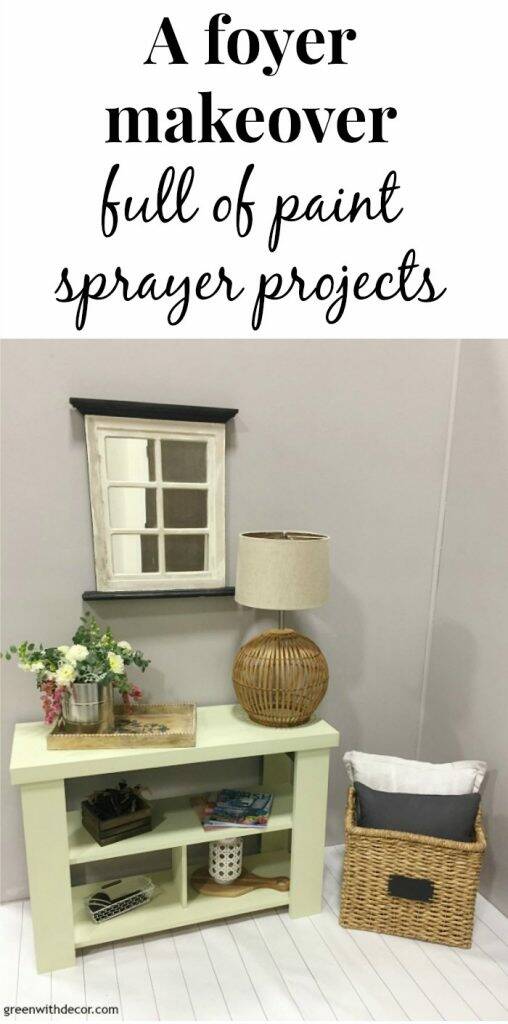 This foyer makeover is full of easy paint sprayer makeoivers - the walls, doors, console table, lantern, tray and candleholder. It's amazing what you can do with a paint sprayer in just one day to make over a space!