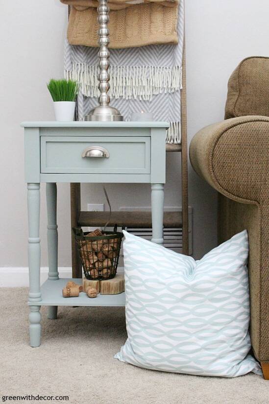 An end table makeover with clay paint. This Dune Grass color is gorgeous in this beachy coastal living room!