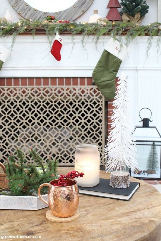 Thrift store pieces used as Christmas decor in living room