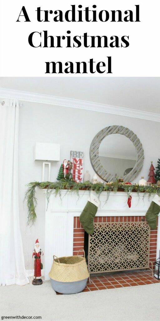 A traditional Christmas mantel - full of red, green, metallic and neutral pieces. Love the mix of garland, metallic candles and bread bowl!