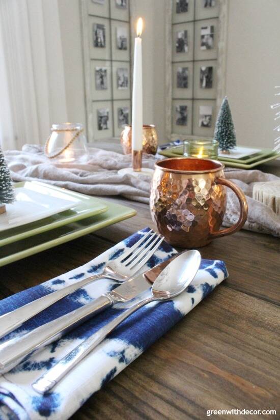 A blue and copper Christmas centerpiece + tablescape - perfect for a costal tablescape! With just a few changes, you could even use this tablescape for anytime of the year!