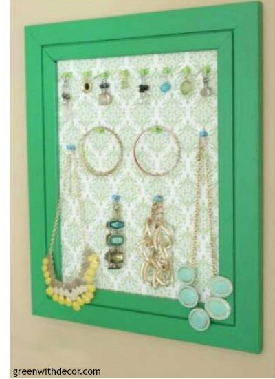 DIY wall decor: A jewelry display with a green frame