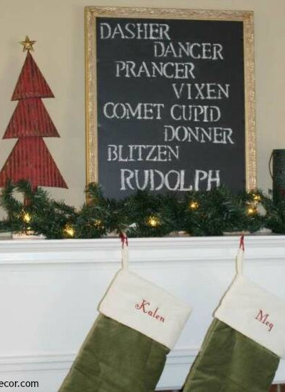 A fun Christmas DIY project with an old frame and chalkboard paint. I love this! It looks great on a mantel or even as a wall hanging.