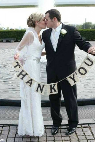 A clever wedding thank you note idea with burlap
