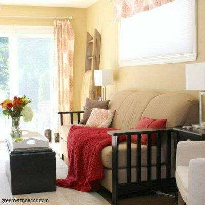 Cozy tan and red family room