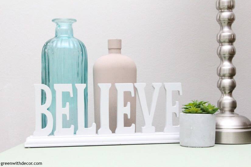 It's so easy to paint these decor pieces with a paint sprayer! Definitely the fastest way to paint a sign with all of those individual letters like the 'believe' sign.
