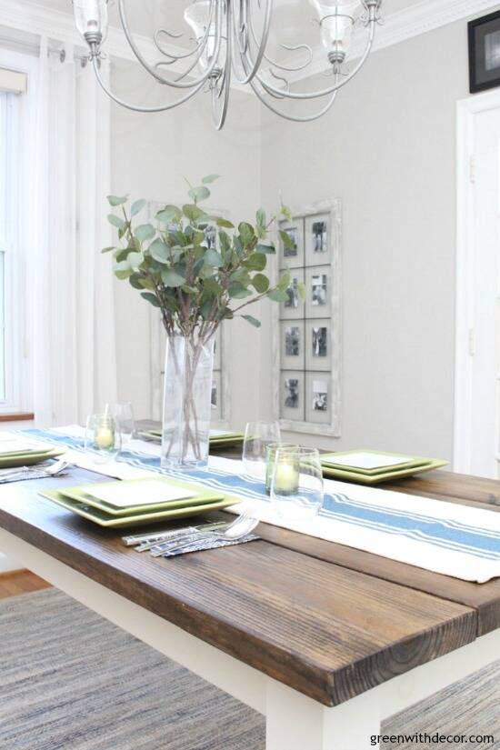 Love that blue and cream table runner - perfect for a farmhouse table! This is such a pretty green and blue spring tablescape - and so easy!