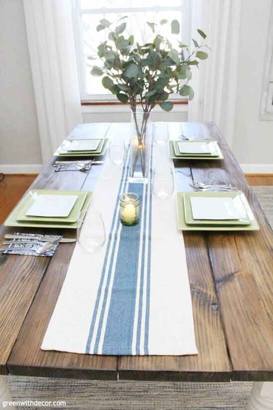 Love that blue and cream table runner - perfect for a rustic farmhouse table! This is such a pretty green and blue spring tablescape - and so easy!