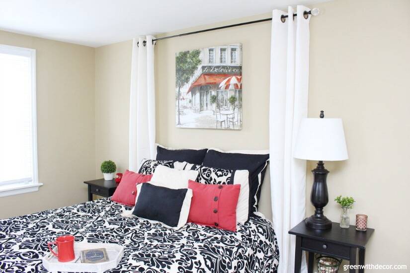 A list of the best tan paint colors – Camelback in a bedroom with black and red accessories